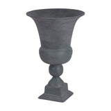 Libra Interiors Stonewash Aluminium Urn Vase in grey with flared bowl, rounded midsection, spherical joint and square plinth base on a white background.
