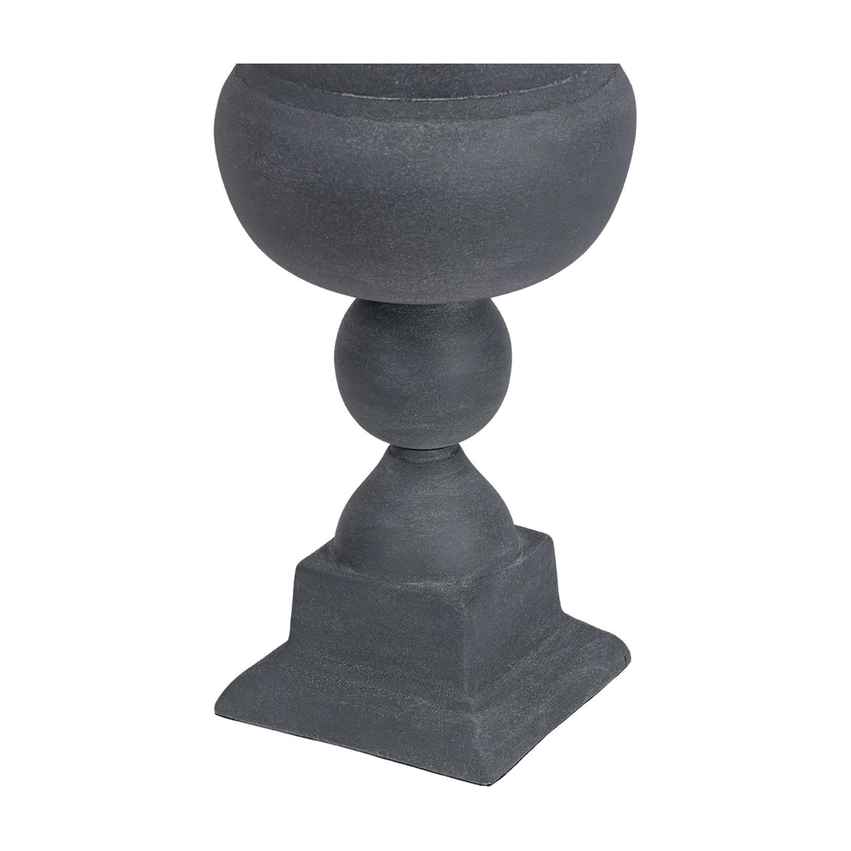 Libra Interiors Stonewash Aluminium Urn Vase in grey with flared bowl, spherical joint and stepped square plinth, matt grainy finish, on white.