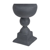 Libra Interiors Stonewash Aluminium Urn Vase in grey with flared bowl, spherical joint and stepped square plinth, matt grainy finish, on white.