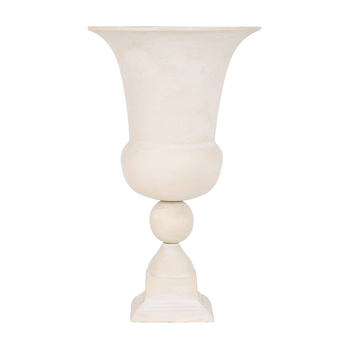 Libra Interiors Stonewash Aluminium Urn Vase in cream with flared rim, rounded bowl, spherical stem detail and stepped square plinth base on a white background.