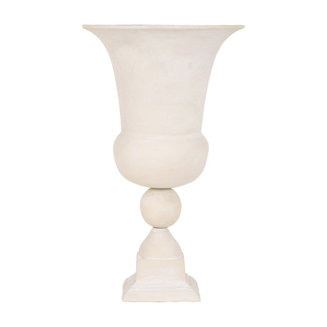 Libra Interiors Stonewash Aluminium Urn Vase in cream with flared rim, rounded bowl, spherical stem detail and stepped square plinth base on a white background.