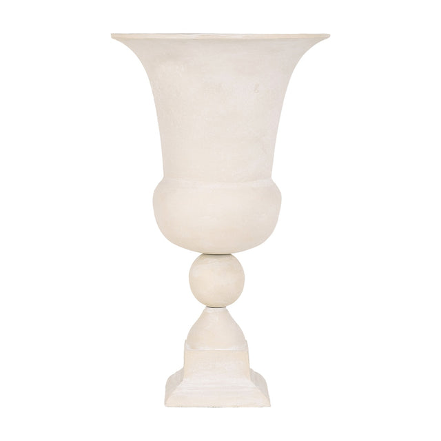 Libra Interiors Stonewash Aluminium Urn Vase in cream with flared rim, rounded bowl, spherical stem detail and stepped square plinth base on a white background.