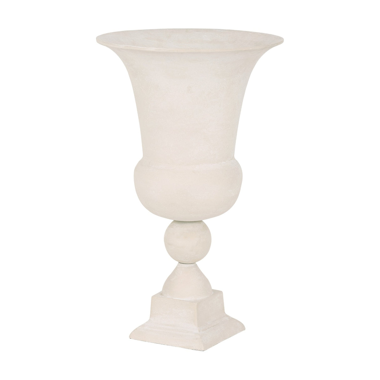 Libra Interiors Stonewash Aluminium Urn Vase in cream with flared rim, rounded bowl, spherical stem detail and stepped square plinth on a white background.