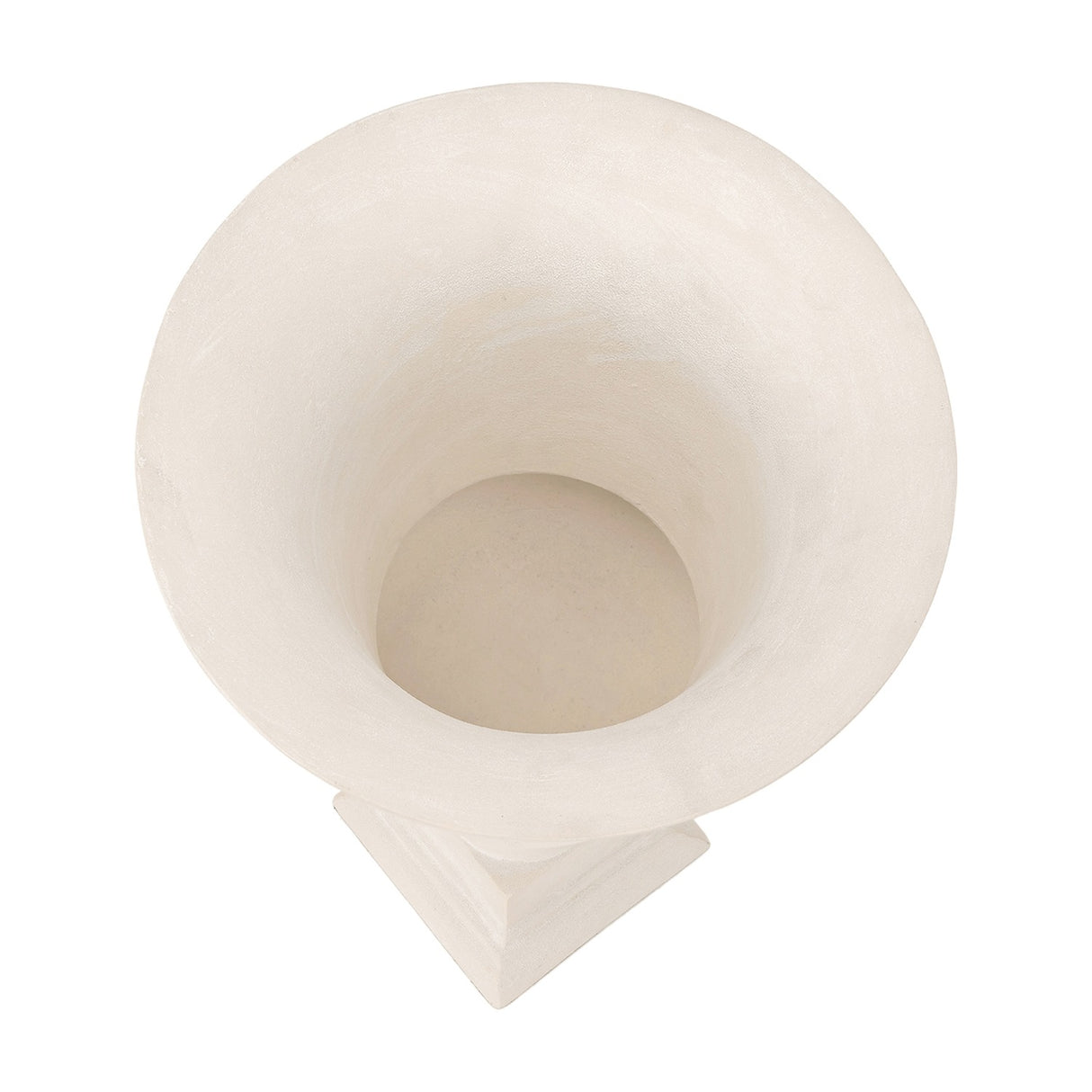 Top-down view of the Libra Interiors Stonewash Aluminium Urn Vase in cream, showing the flared rim, hollow interior and square plinth base below.