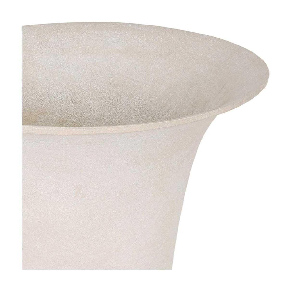Close-up of the Libra Interiors Stonewash Aluminium Urn Vase in cream, showing the widely flared rim and matt chalk-like grainy finish.