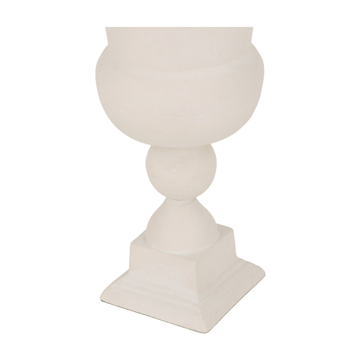 Libra Interiors Stonewash Aluminium Urn Vase in cream, showing the rounded bowl, spherical stem and stepped square plinth base on a white background.