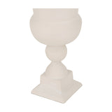 Libra Interiors Stonewash Aluminium Urn Vase in cream, showing the rounded bowl, spherical stem and stepped square plinth base on a white background.