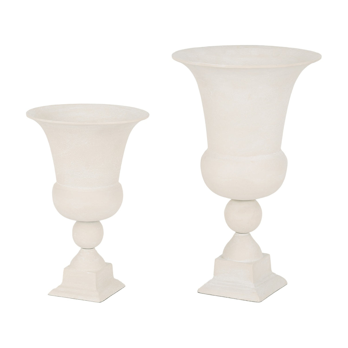 Libra Interiors Stonewash Aluminium Urn Vases in cream shown in two sizes with flared rims, rounded bowls, spherical stems and square plinth bases.