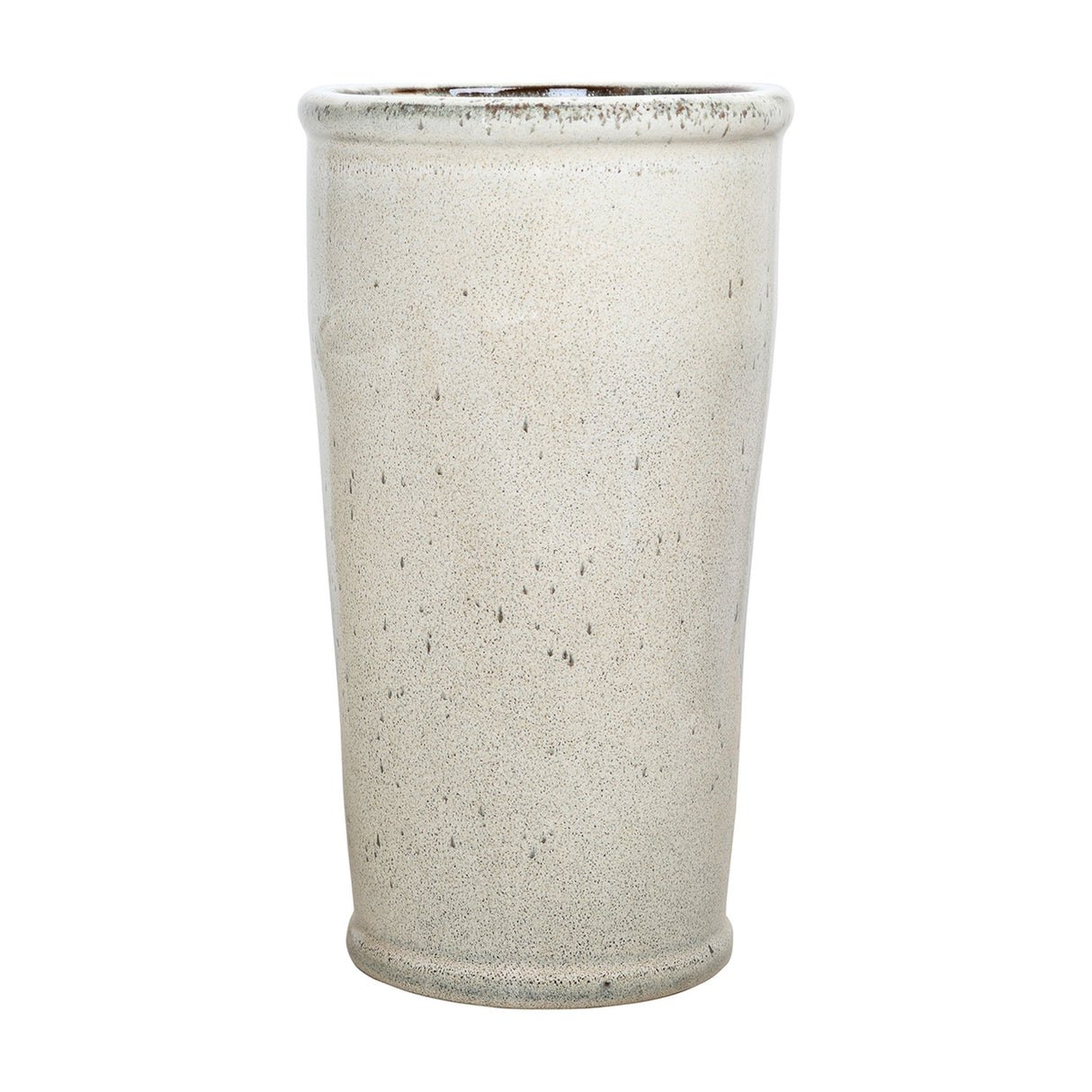 Libra Interiors Speckled Glazed Tall Ceramic Planter in white with subtle speckling, rolled lip and darker glazed rim, shown on a plain background.