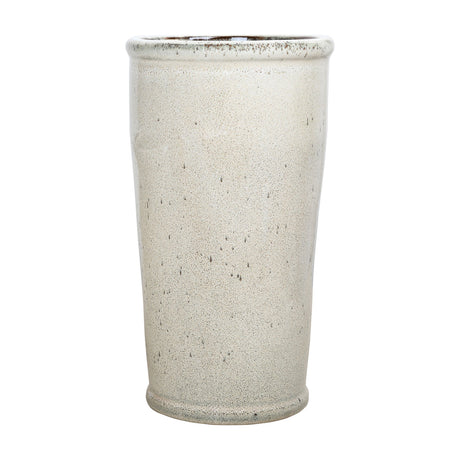 Libra Interiors Speckled Glazed Tall Ceramic Planter in white with subtle speckling, rolled lip and darker glazed rim, shown on a plain background.