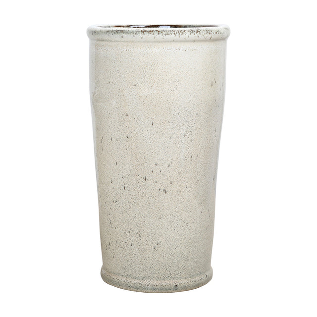 Libra Interiors Speckled Glazed Tall Ceramic Planter in white with subtle speckling, rolled lip and darker glazed rim, shown on a plain background.