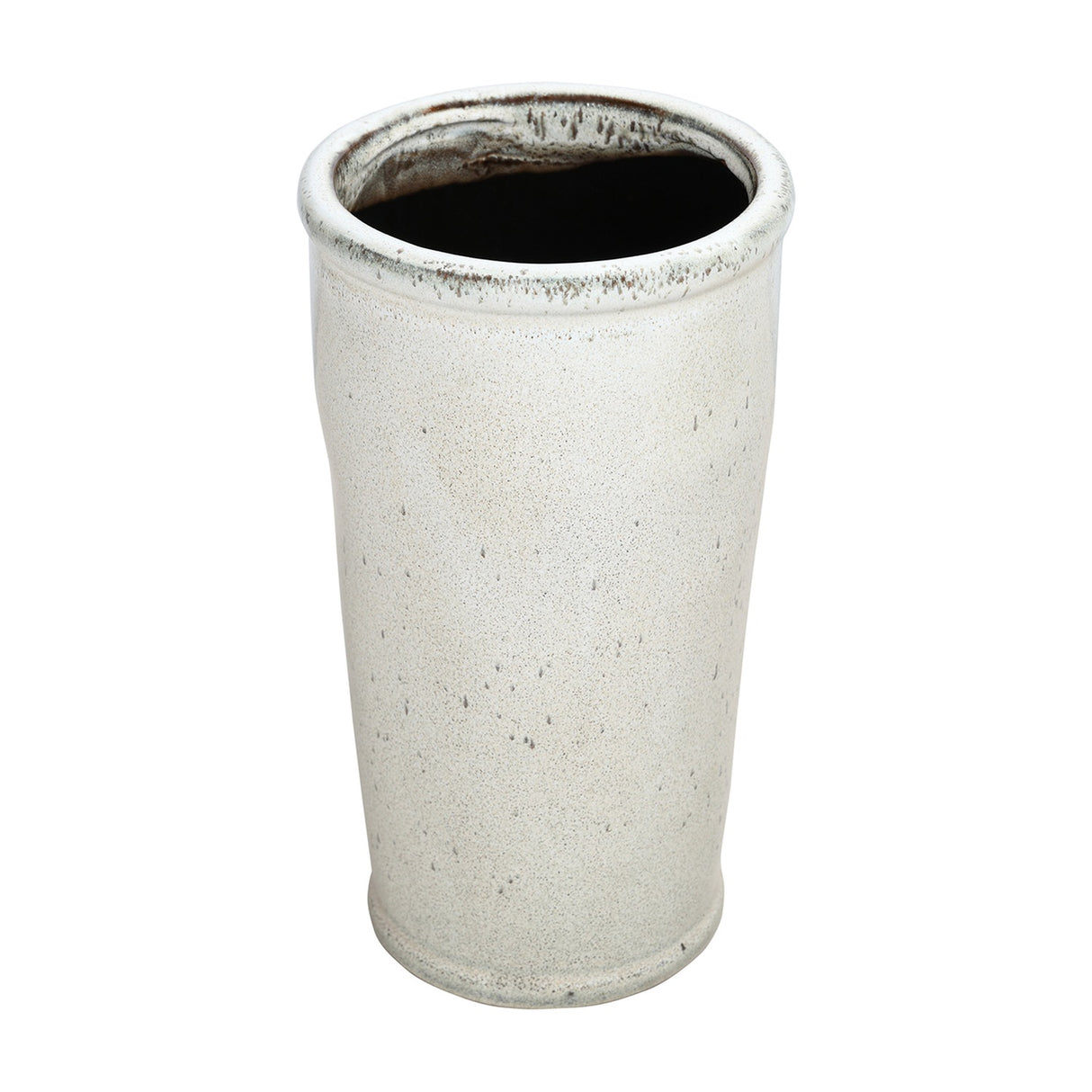 Libra Interiors Speckled Glazed Tall Ceramic Planter in white with a cylindrical body, rolled lip and darker glazed rim, shown on a plain background.