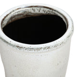 Close-up of the Libra Interiors Speckled Glazed Tall Ceramic Planter in white, showing the rolled lip and darker speckled glazed rim above the smooth body.