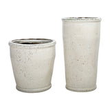 Libra Interiors Speckled Glazed Tall Ceramic Planter in white shown beside the shorter matching planter, both with darker glazed rims, on a plain background.
