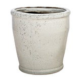 Libra Interiors Speckled Glazed Ceramic Planter in white with a rounded tapered shape, speckled finish and darker glazed rim, on a plain white background.