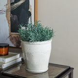 Libra Interiors Speckled Glazed Ceramic Planter in white holding a rosemary plant, styled on a glass side table beside books and abstract art.