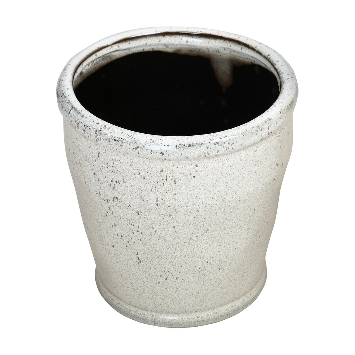 Libra Interiors Speckled Glazed Ceramic Planter in white with a tapered rounded shape, subtle speckling and a darker glazed rim, on a plain background.