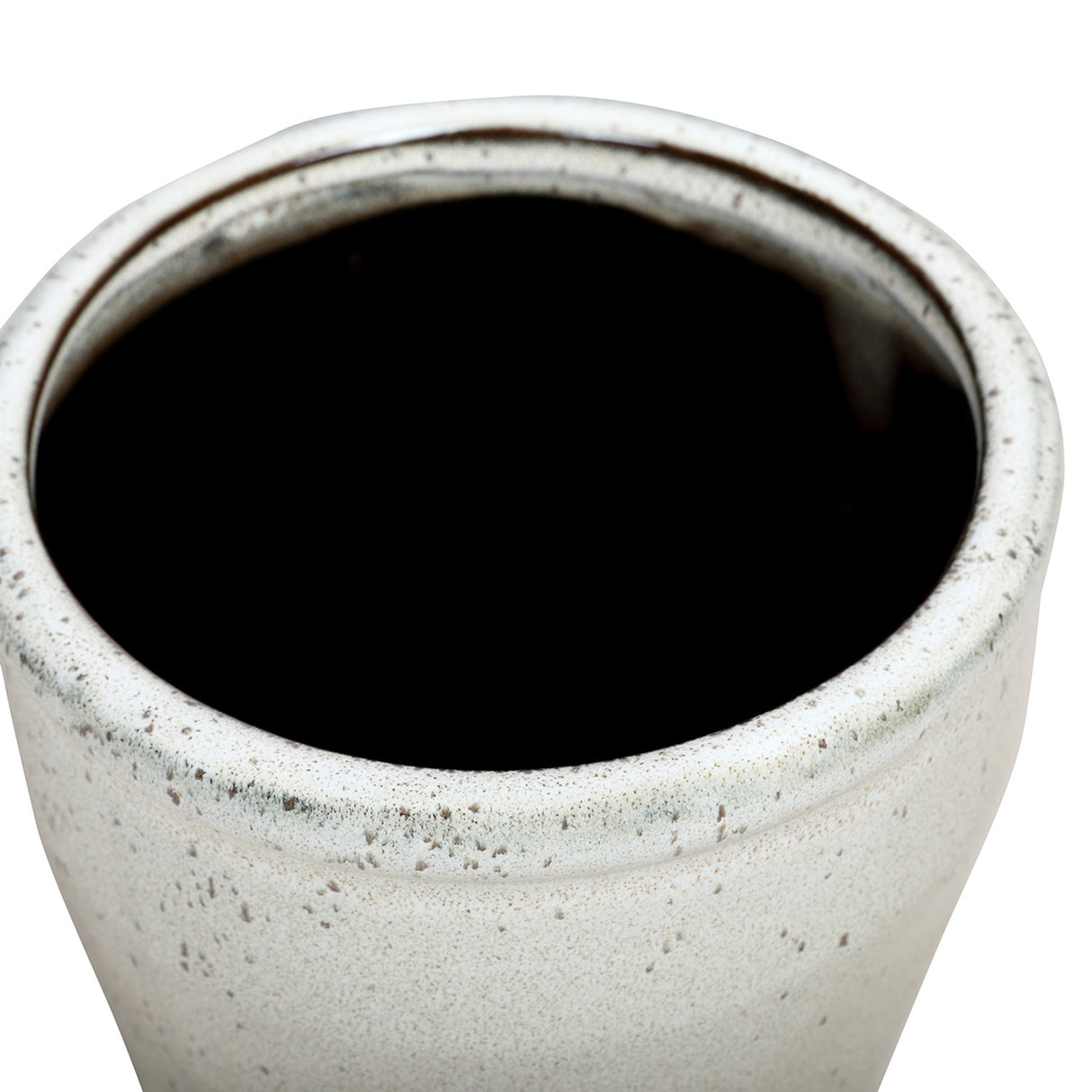 Close-up of the Libra Interiors Speckled Glazed Ceramic Planter in white, showing the rounded rim and speckled reactive glaze finish.