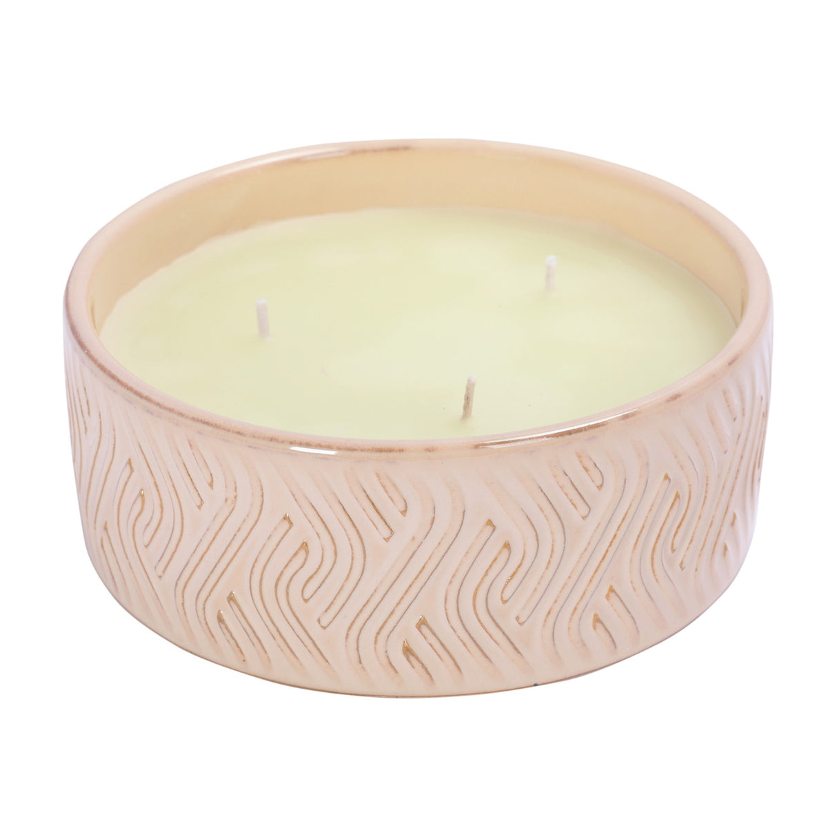 Libra Interiors Embossed Glazed Ceramic Bowl Candle in ivory, a wide round vessel with flowing geometric relief pattern and three wicks set in pale wax.
