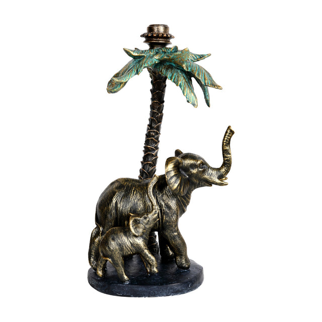 Libra Interiors gold resin candle holder with a mother elephant and calf beneath a palm tree with green fronds and taper fitting.