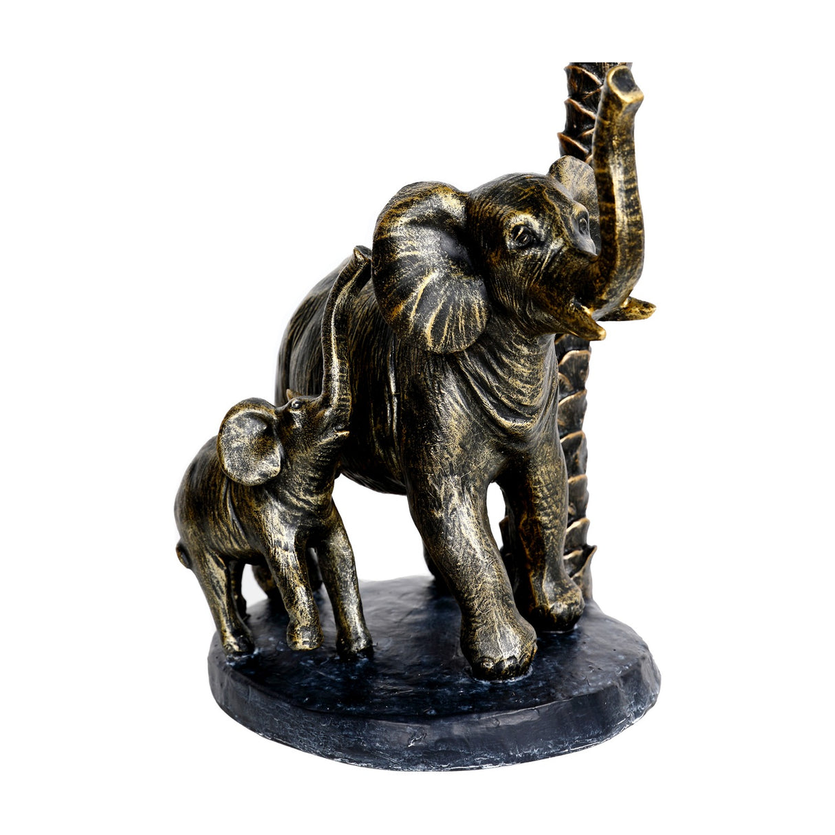 Libra Interiors Palm and Elephant resin candle holder in gold, showing a mother elephant and calf beside a palm trunk on a black base.