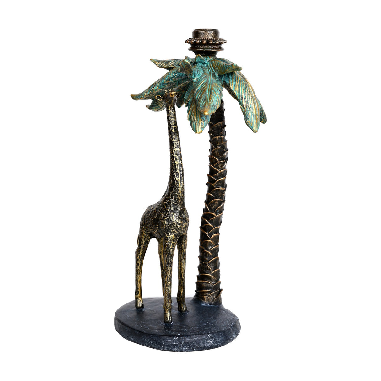 Libra Interiors Giraffe & Palm resin candle holder in aged gold with verdigris-washed palm fronds and textured giraffe on an oval base.