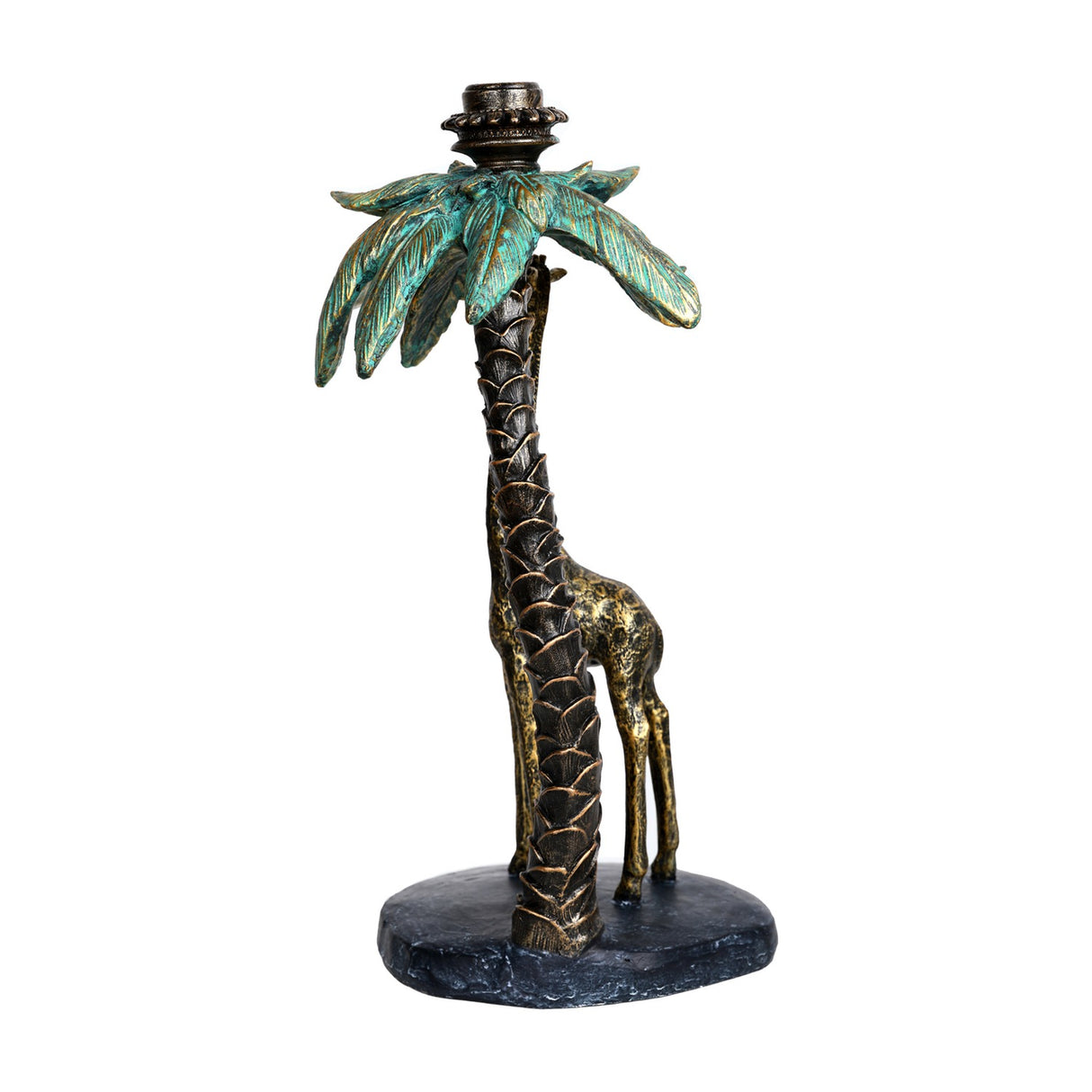 Libra Interiors Giraffe & Palm resin candle holder in aged gold with verdigris-washed palm fronds and textured giraffe, on an oval base against white.