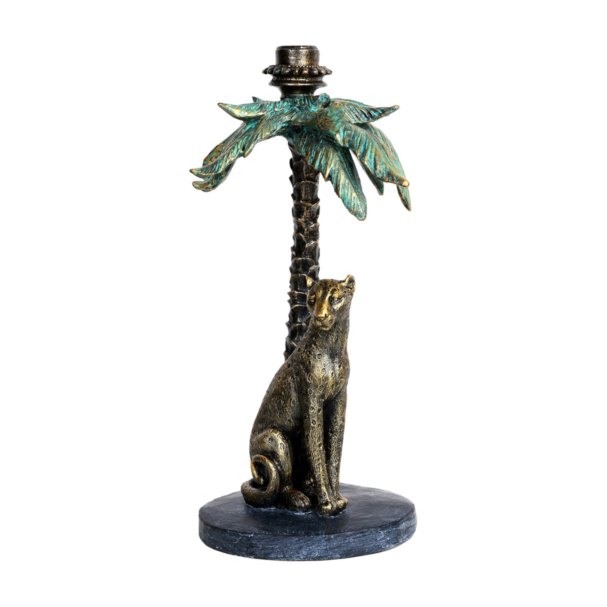 Libra Interiors Palm Tree and Leopard Candle Holder in gold resin with verdigris fronds and seated leopard on an oval base, shown on a white background.