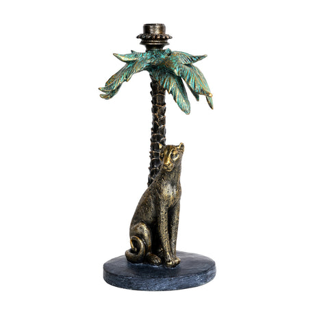 Libra Interiors Palm Tree and Leopard Candle Holder in gold resin with verdigris fronds and seated leopard on an oval base, shown on a white background.