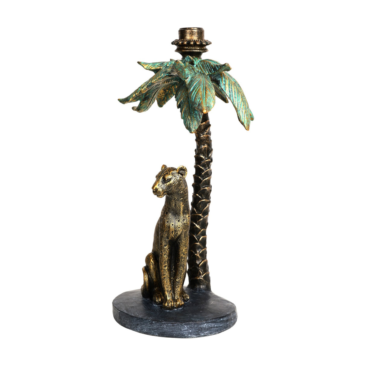 Libra Interiors Palm Tree and Leopard Candle Holder in gold resin with verdigris fronds and seated leopard on an oval base, shown on a white background.