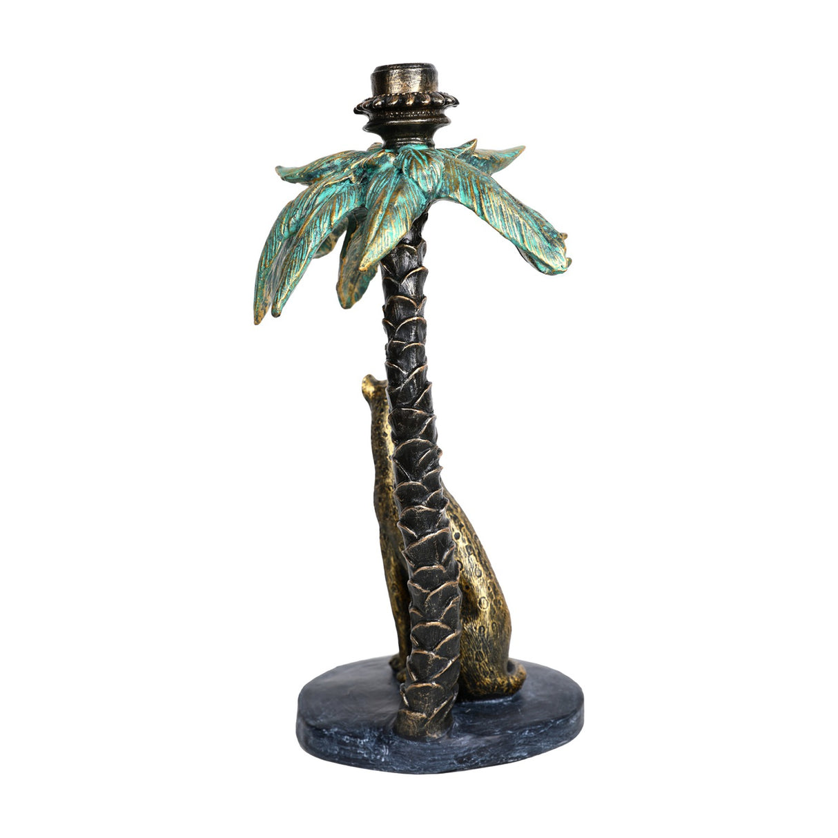 Libra Interiors Palm Tree and Leopard Candle Holder in gold resin with verdigris fronds and seated leopard at the trunk, on a plain white background.