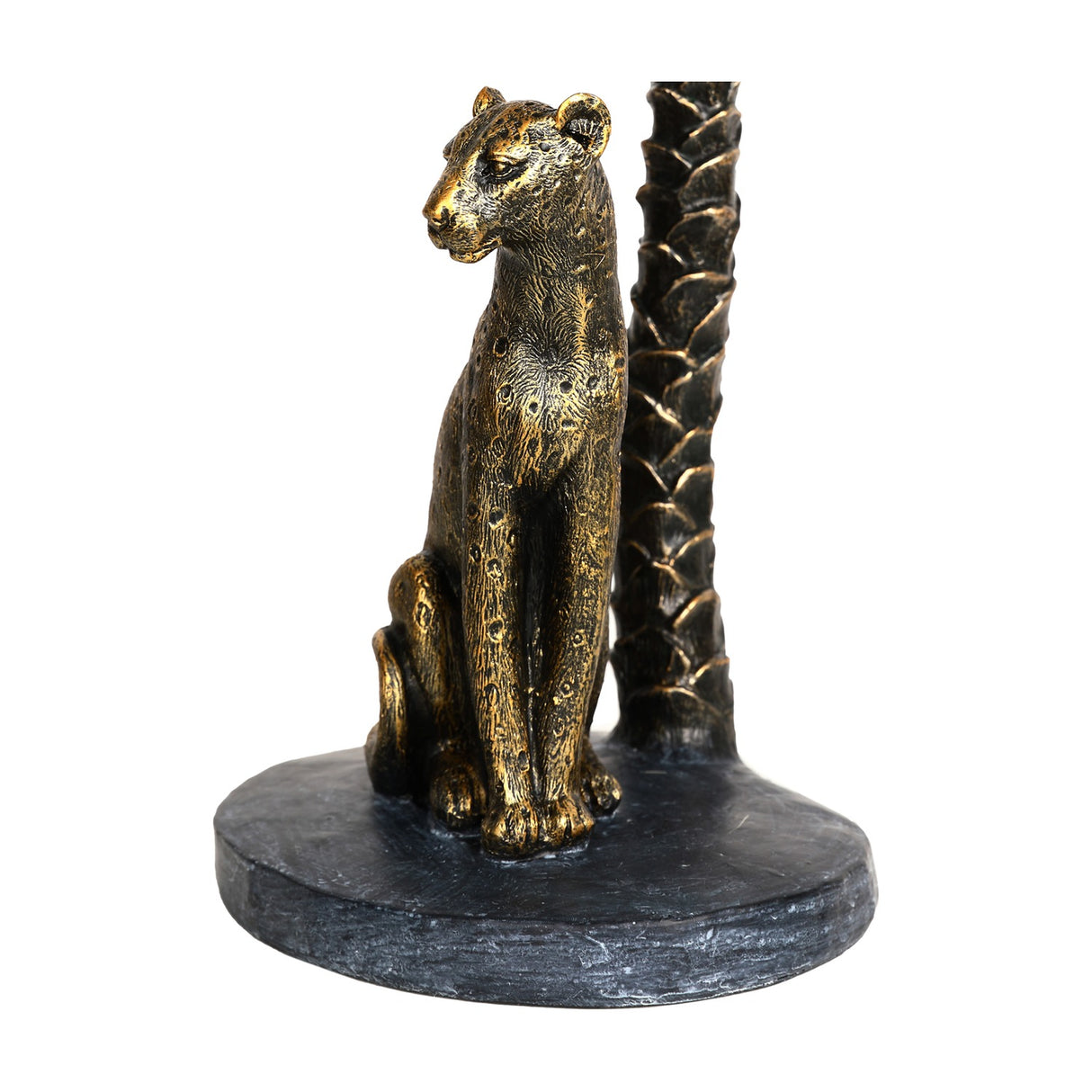 Libra Interiors Palm Tree and Leopard Candle Holder in gold resin, close-up of the seated spotted leopard beside the textured palm trunk on an oval base.