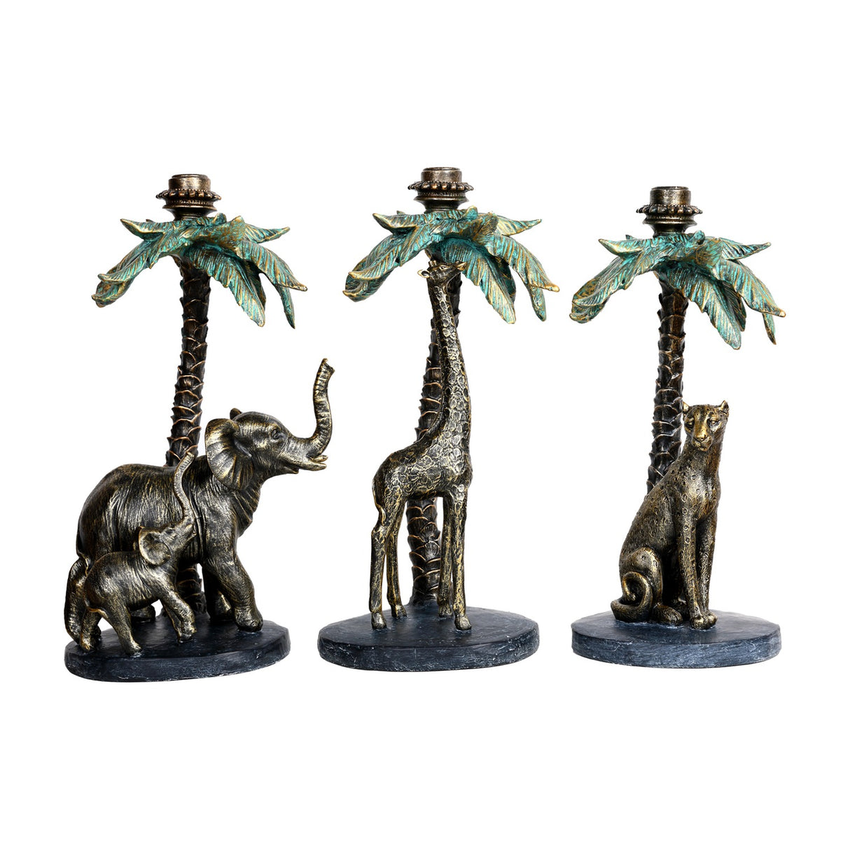 Libra Interiors Palm Tree and Leopard Candle Holder in gold shown alongside matching elephant and giraffe designs with verdigris palm fronds.