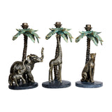 Libra Interiors Palm Tree and Leopard Candle Holder in gold shown alongside matching elephant and giraffe designs with verdigris palm fronds.