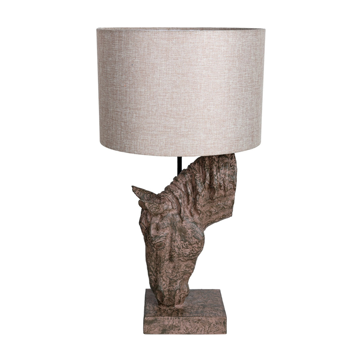 Libra Interiors Sculptural Horse Head Resin Table Lamp in brown with weathered finish and neutral hessian-effect drum shade, on a plain background.