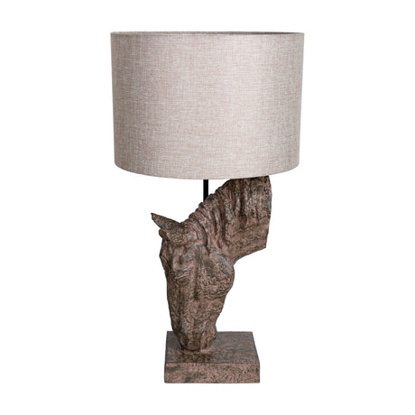 Libra Interiors Sculptural Horse Head Resin Table Lamp in brown with weathered finish and neutral hessian-effect drum shade, on a plain background.
