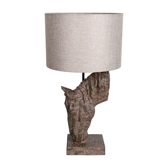 Libra Interiors Sculptural Horse Head Resin Table Lamp in brown with weathered finish and neutral hessian-effect drum shade, on a plain background.