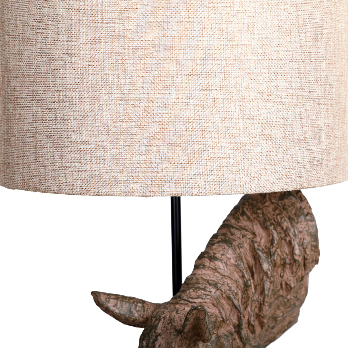 Close-up of Libra Interiors Sculptural Horse Head Resin Table Lamp in brown, showing the weathered matt base beneath a woven hessian-effect drum shade.