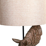 Close-up of Libra Interiors Sculptural Horse Head Resin Table Lamp in brown, showing the weathered matt base beneath a woven hessian-effect drum shade.
