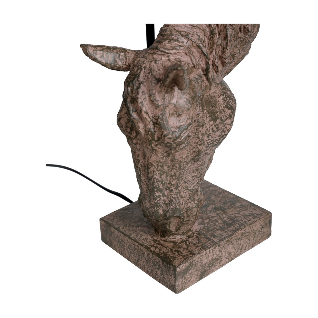 Close-up of the Libra Interiors Sculptural Horse Head Resin Table Lamp base, showing the weathered brown horse head on a square plinth.