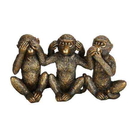 Libra Interiors Textured Antique Gold Three Wise Monkeys resin sculpture with see no evil, hear no evil, speak no evil poses on a white background.