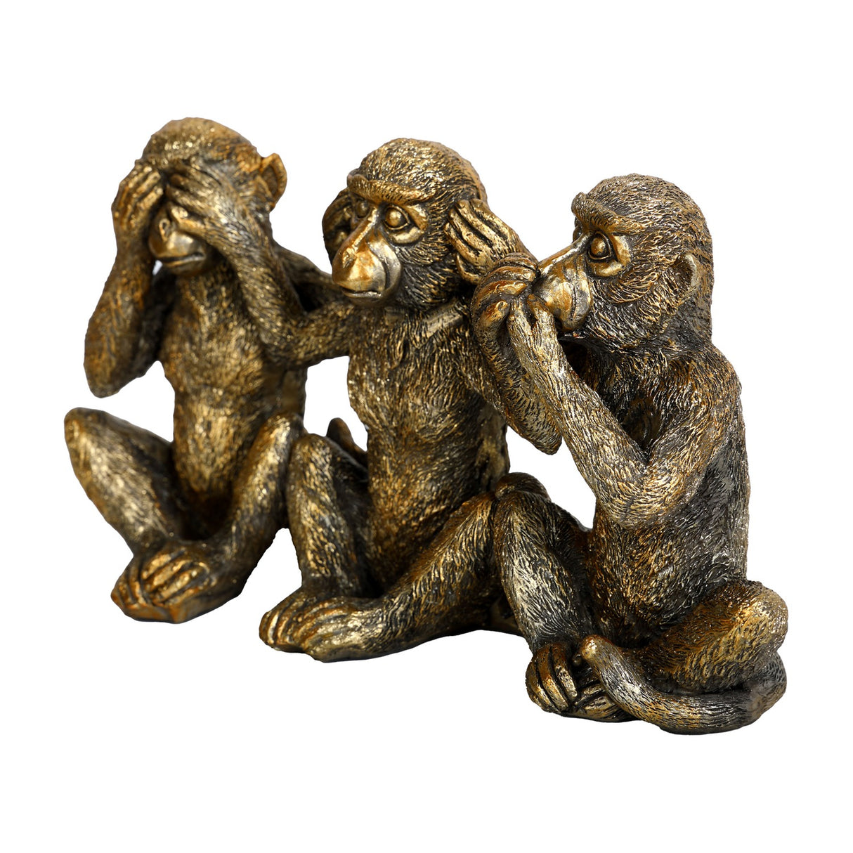 Libra Interiors Textured Antique Gold Three Wise Monkeys resin sculpture with seated figures covering eyes, mouth and ear, shown on a white background.