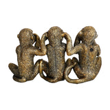 Rear view of Libra Interiors Three Wise Monkeys sculpture in textured antique gold resin, showing the seated monkeys' backs and curled tails.