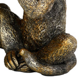 Close-up of the Libra Interiors Textured Antique Gold Three Wise Monkeys resin sculpture showing detailed fur texture and distressed metallic gold finish.