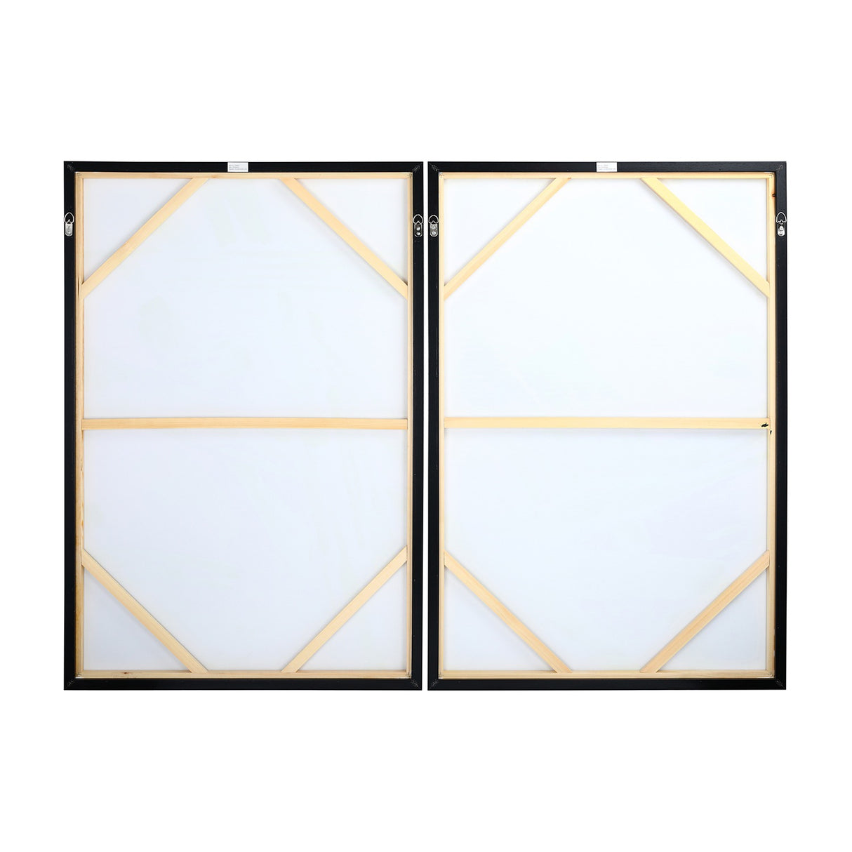 Reverse view of Libra Interiors Textured Framed Canvas Set of 2 Wall Art in taupe, showing pine wood stretcher bars, black frames and hanging hooks.