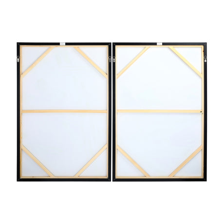 Reverse view of Libra Interiors Textured Framed Canvas Set of 2 Wall Art in taupe, showing pine wood stretcher bars, black frames and hanging hooks.