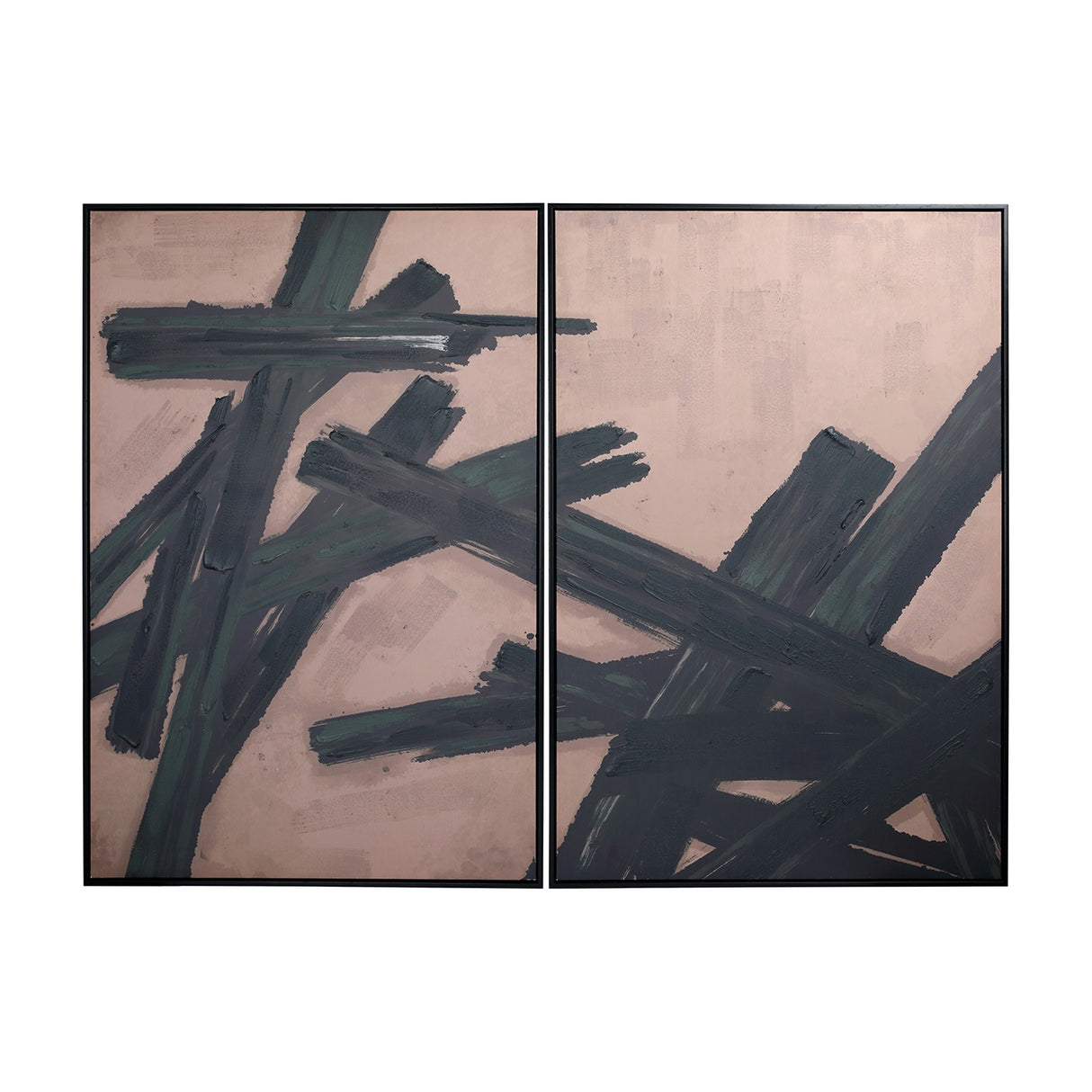 Libra Interiors Textured Framed Canvas Set of 2 Wall Art in taupe with deep black impasto brushstrokes across two portrait panels in black frames.