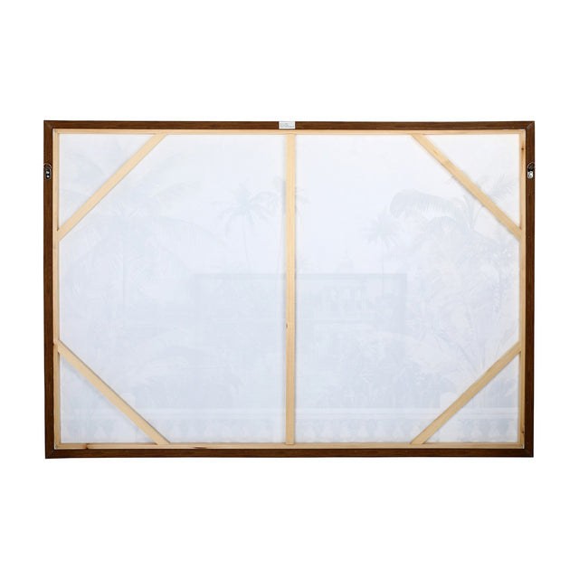 Rear view of Libra Interiors Aged Palm Pavilion framed canvas wall art, showing the pine bracing bars, brown wood frame and two hanging fixings.