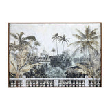 Libra Interiors Aged Palm Pavilion framed canvas wall art showing a sepia lakeside scene with palms, pavilion and stone balustrade in a brown pine frame.