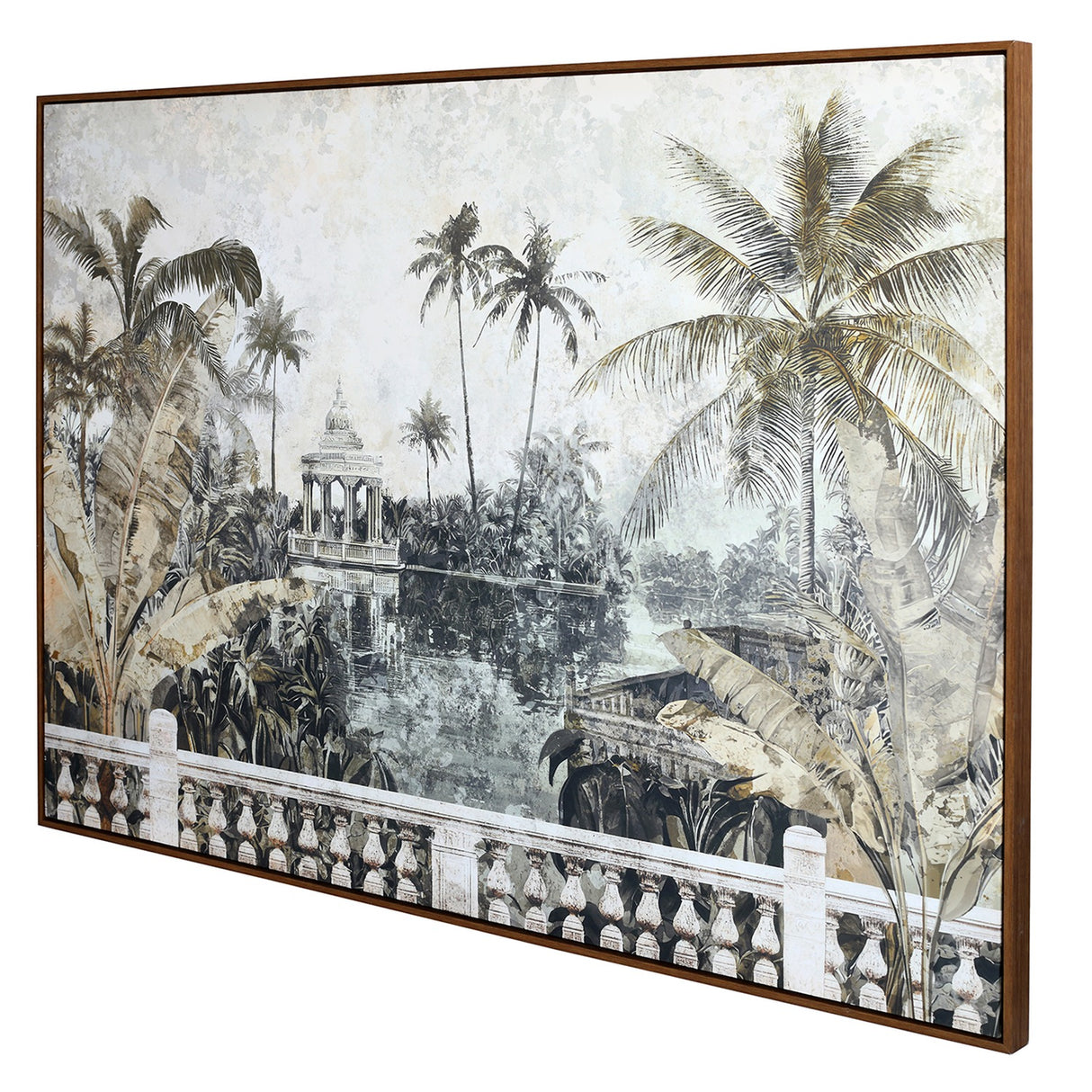 Libra Interiors Aged Palm Pavilion framed canvas wall art showing a sepia-toned lakeside scene with palms, pavilion and balustrade in a brown pine frame.